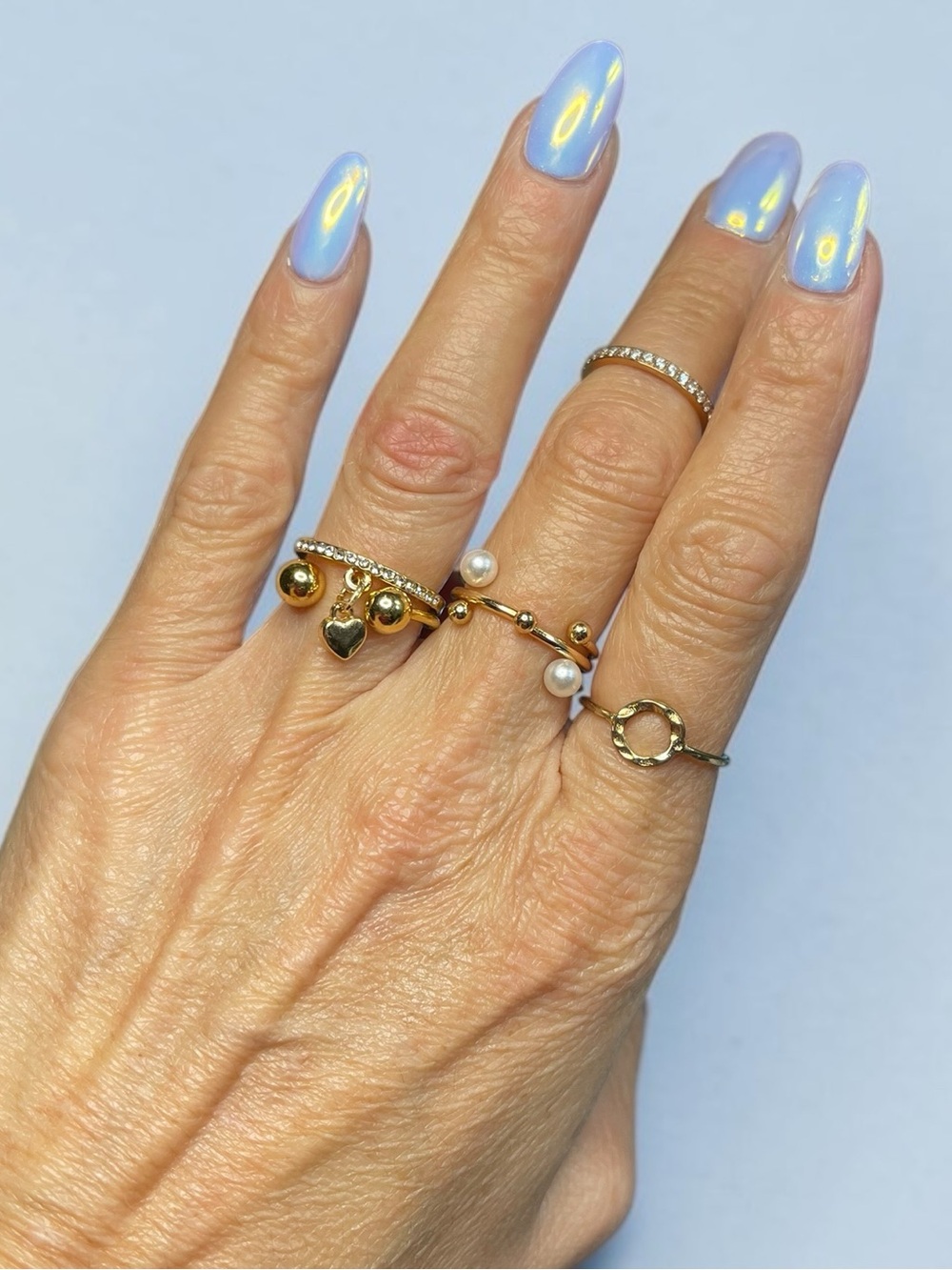 Beleza Curated Gold Tone Stackable Set of 7 Pearl Rhinestone Dainty Rings